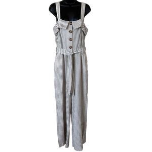 Vince Camuto Sleeveless Natural Linen Stripe Tie Front Jumpsuit Natural